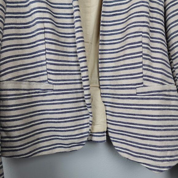 LOFT Linen Blend Striped Blazer Jacket Sz 12 Beige Navy Pleated Peplum Collarles - Picture 4 of 12